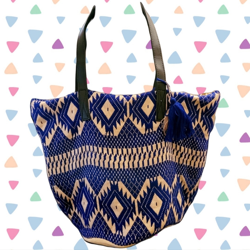 Large Blue Geometric Bohemian Tassel Tote by Stephanie Nicole NY Bag in EUC